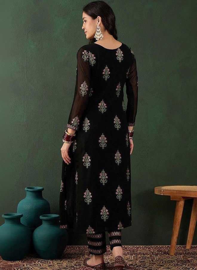 Women Basket HERE&NOW Women Ethnic Motifs Embroidered Panelled Thread Work Kurta with Trousers - Image 4